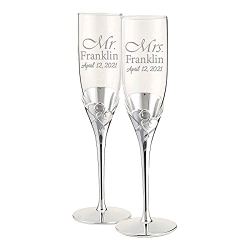 Lenox True Love Silver Personalized Wedding Champagne Flutes Set of 2 Custom Engraved Champagne Glasses Accessories and Gifts for the Bride and Groom