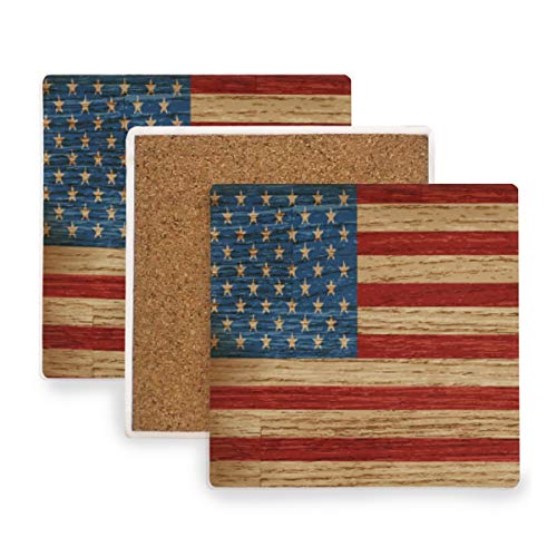 AGONA Absorbent Drink Coasters USA American Flag Painted Coasters for Drink Ceramic Stone Coasters with Cork Backing Prevent Furniture from Dirty and Scratched Square Bar Coasters Set of 4