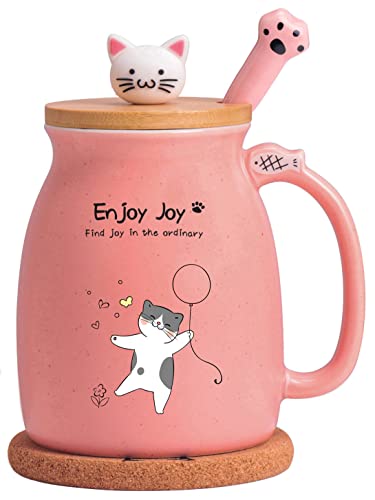 Novelty Cat Mug Cute Ceramic Coffee Cup with Kawaii Wooden Kitty Lid Lovely Cat Claw Spoon Anime Wooden Cat Coaster Cat Things Pink Birthday Mug Gift for Cat Lovers Girl Kids Women 480ML (Pink)
