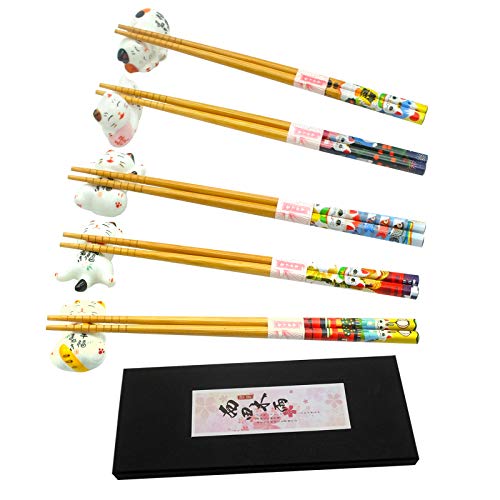 Chopsticks and Chopstick Rest Set Cute Panda Chopsticks Holder 5 Pcs Classic Japanese Style Bamboo Natural Reusable Chopsticks Dishwasher  Safe Chopsticks Holder Gift Set 5 Pairs (Cat)