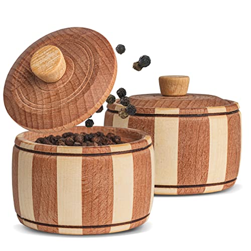 2pcs Wood Retro Dual Salt Sugar Cellar with Lid 2oz Natural Wood Hard Salt Pepper Cellars Jars with Wooden Lids Set Spice Wooden Spice Herb Storage Container Decorative Wooden Box Décor for Kitchen