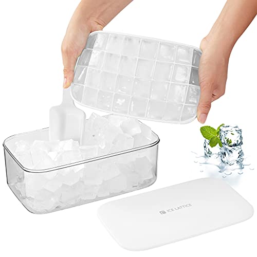 Silicone Ice Cube Tray with Lid container  scoop Flexible  BPA Free Silicone Mold Making 32Pcs x04 Oz Small Square Ice Cubes for Chingling Cocktail and Milk Tea(White)