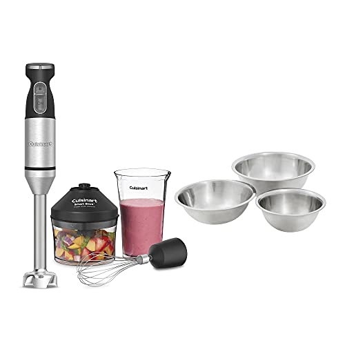 Cuisinart CSB179 Stainless Steel Smart Stick VariableSpeed Hand Blender with Set of 3 Stainless Steel Mixing Bowls Bundle (2 Items)