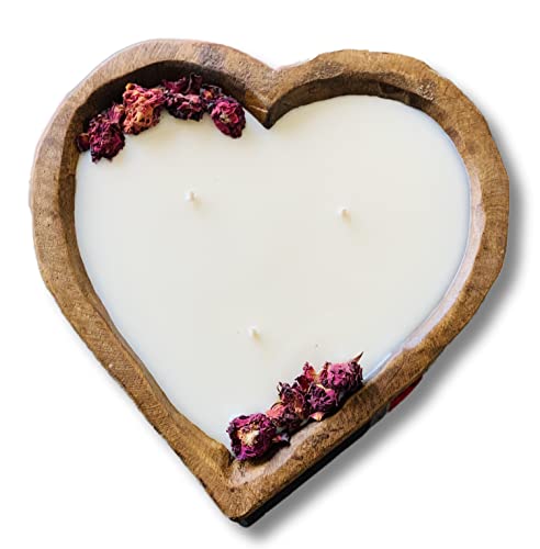 Heart shaped Rustic wooden Dough Bowl Scented Candle 25 oz for Valentines Day by Youstina Naturals