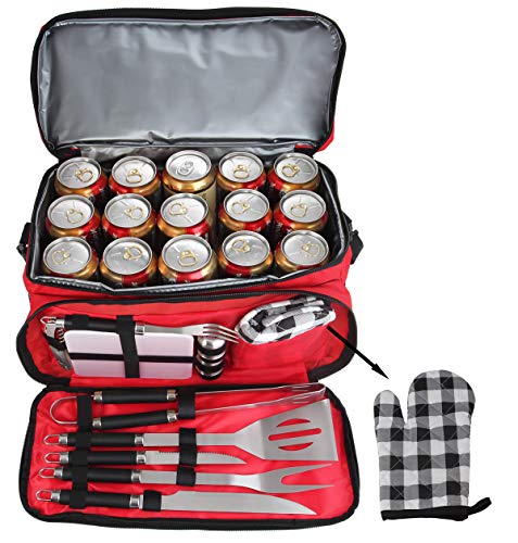 POLIGO 12pcs Stainless Steel BBQ Grill Tools Set with Red Insulated Waterproof Cooler Bag for Camping - Premium Barbecue Grilling Accessories for Christmas Birthday Gifts Ideal Presents for Men Women