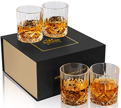 KANARS Old Fashioned Whiskey Glasses With Luxury Gift Box - 10 Oz Rocks Barware For Scotch Bourbon Liquor and Cocktail Drinks - Set of 4